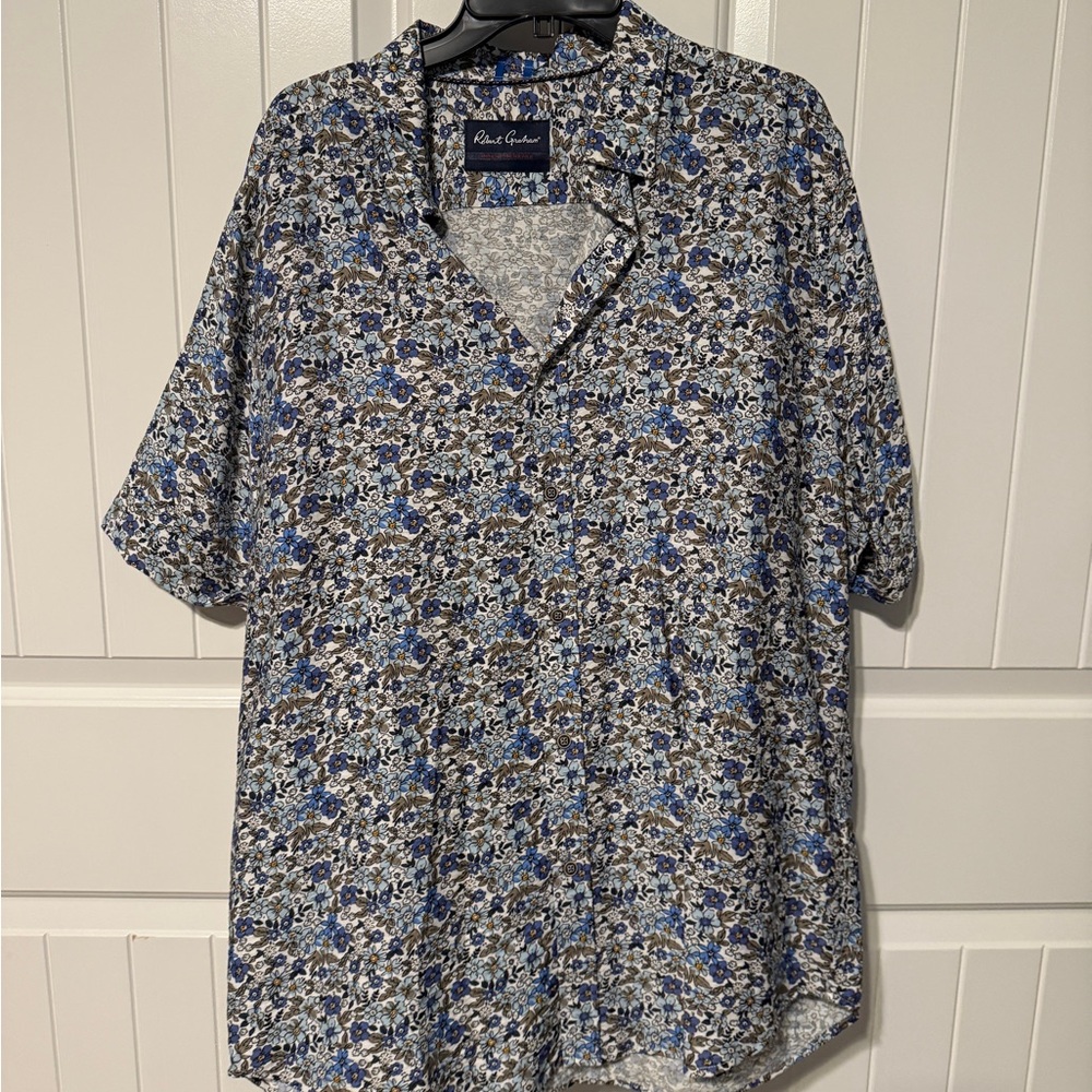 Robert Graham Blue and Brown Floral Print Short-Sleeve Button-Down